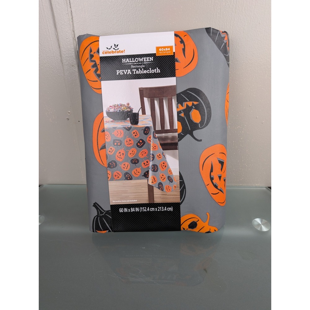 Way to Celebrate Halloween Pumpkin PEVA Tablecloth 60x84 Rectangle Gray Orange